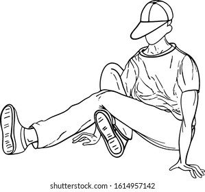 Brakedance. Outline drawing. White background. Street dance. Pose. A man is dancing hip hop. Hold your body. Can be used as coloring book, print, design.
