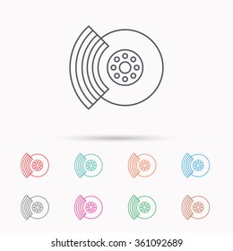 Brakes icon. Auto disk repair sign. Linear icons on white background.