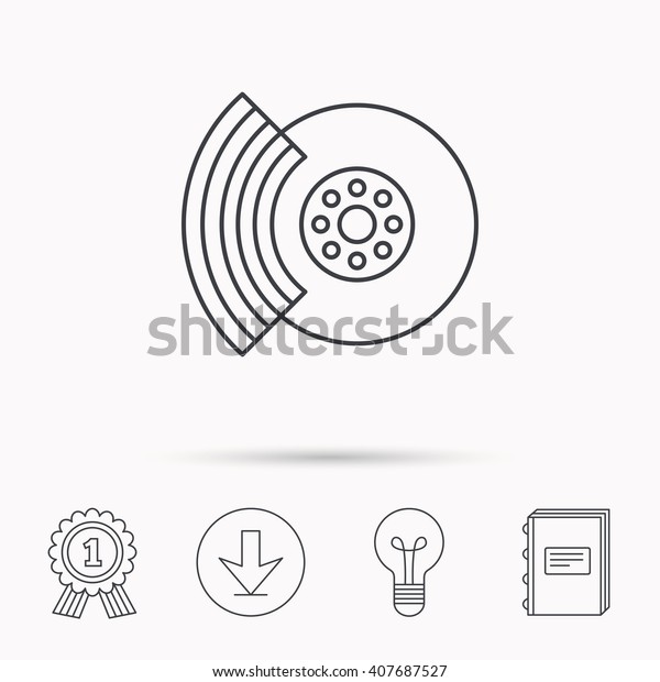 Brakes icon. Auto disk repair sign.\
Download arrow, lamp, learn book and award medal\
icons.