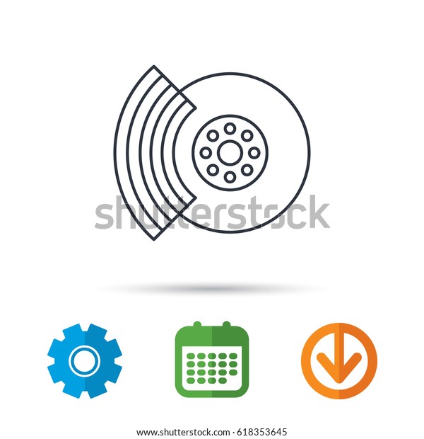 Brakes icon. Auto\
disk repair sign. Calendar, cogwheel and download arrow signs.\
Colored flat web icons.\
Vector