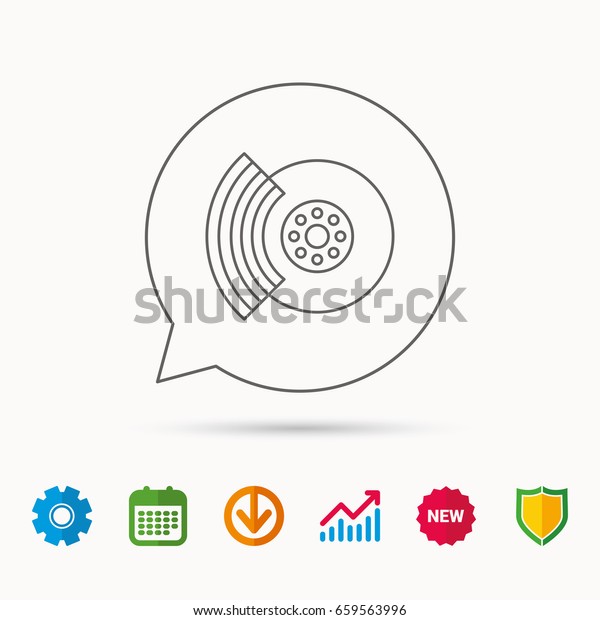 Brakes icon.\
Auto disk repair sign. Calendar, Graph chart and Cogwheel signs.\
Download and Shield web icons.\
Vector