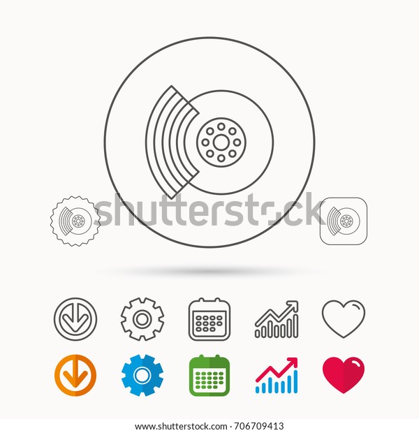 Brakes icon. Auto disk repair sign. Calendar,\
Graph chart and Cogwheel signs. Download and Heart love linear web\
icons. Vector