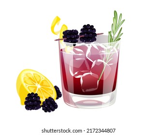 Bramble cocktail. Alcoholic drink with ice, lemon juice and blackberries.A summer refreshing drink.