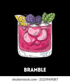 Bramble cocktail illustration. Hand drawn sketch. Vector illustration. Isolated object.