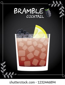 Bramble cocktail illustration vector with lemon wedge and blackberry garnish.