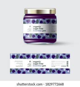 Bramble Jam label and packaging. Jar with cap with label. White strip with text and on seamless pattern with berries, flowers and leaves.