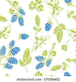 Bramble. Seamless pattern. Vector floral texture with forest berries. Hand drawn illustration with blackberry branches and butterflies.