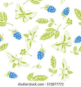 Bramble. Seamless pattern. Vector floral texture with forest berries. Hand drawn illustration with blackberry branches and butterflies.