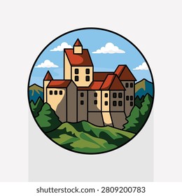 Bran Castle Landmark in Romania Circular Travel Destination Illustration Featuring Historic Transylvanian Architecture and European Tourism Badge Icon Design