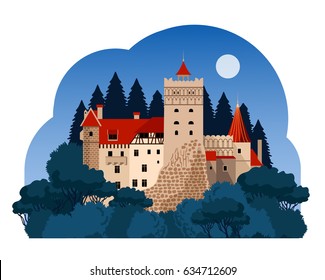 Bran Castle at night. Transylvania. Travel to Romania.