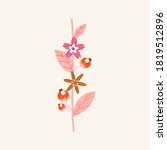 A branch of abstract flowers in a modern style. Pink and yellow stylized flowers with red berries. Vector illustration on isolated background. For print and web
