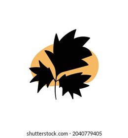 Rama con un punto redondo abstracto. Impresión artística floral minimalista. Silueta negra aislada de una planta con gotas pastel. Formas acuarelas modernas con hojas, manchas de tinta acrílica. Vector.
