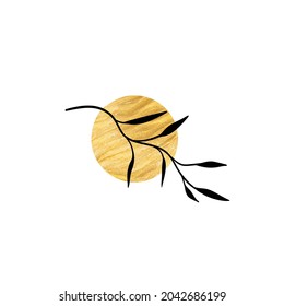 Branch with an abstract round spot. Artistic floral minimalist print. Isolated black silhouette of a plant with golden drops. Modern watercolor shapes with leaves, acrylic ink blobs. Vector element.