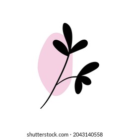 Branch with an abstract round spot. Artistic floral minimalist print. Isolated black silhouette of a plant with pastel drops. Modern watercolor shapes with leaves, acrylic ink blobs. Vector element.