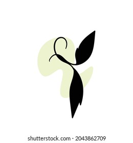 Branch with an abstract round spot. Artistic floral minimalist print. Isolated black silhouette of a plant with pastel drops. Modern watercolor shapes with leaves, acrylic ink blobs. Vector element.