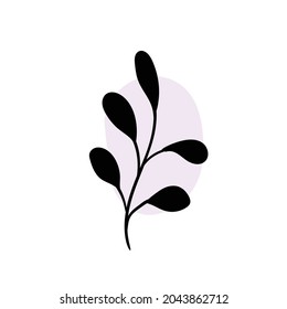 Branch with an abstract round spot. Artistic floral minimalist print. Isolated black silhouette of a plant with pastel drops. Modern watercolor shapes with leaves, acrylic ink blobs. Vector element.