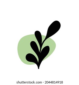 Branch with an abstract round spot. Artistic floral minimalist print. Isolated black silhouette of a plant with pastel drops. Modern watercolor shapes with leaves, acrylic ink blobs. Vector element.