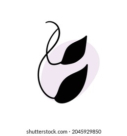 Branch with an abstract round spot. Artistic floral minimalist print. Isolated black silhouette of a plant with pastel drops. Modern watercolor shapes with leaves, acrylic ink blobs. Vector element.