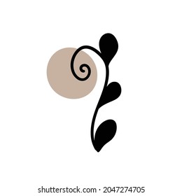 Branch with an abstract round spot. Artistic floral minimalist print. Isolated black silhouette of a plant with pastel drops. Modern watercolor shapes with leaves, acrylic ink blobs. Vector element.