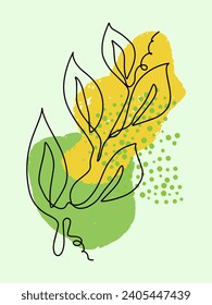 Branch with abstract spots. Line art, one stroke, continuous line. Postcard, print, poster, element, spring mood. Vector