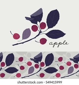 A branch of the apple tree and seamless horizontal border. Vector illustration with hand-drawn texture.