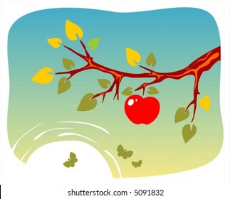 Branch of an apple-tree with an apple  on a background of the sun and butterflies.