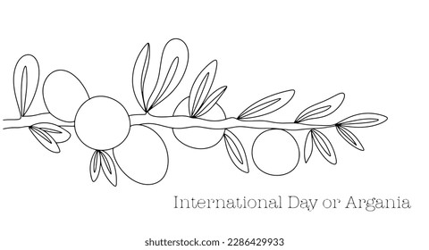 Branch with argan fruits and leaves. Isolated illustration. International Day of Argania. Simple one line drawing for different uses. Vector illustration