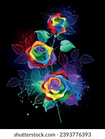 Branch of artistically drawn, unrealistic, fantastic, bright, rainbow roses with drops of luminous paint on black background. Rainbow rose.