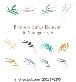 Branch of bamboo leaves on white background isolated. Vector illustration line art drawing. Botanical hand drawn element. Colorful watercolor Painting texture object.