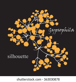 Branch of beautiful hand-drawn silhouette gypsophila in black, white and red colors. Vector illustration
