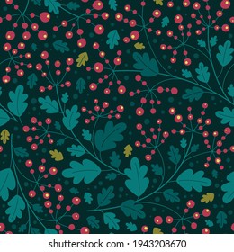 Branch with berries on a dark background - vector seamless pattern. Background for fabric, textile, wallpaper, poster, web site, card, gift wrapping paper 