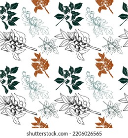 Branch with berries. Seamless vector pattern. Set of colored branches. Green. Orange. Red. Autumn pattern from branches on a white background. Textile.