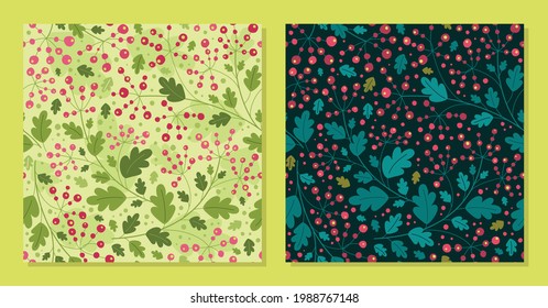 Branch with berries  - set of vector seamless patterns. Background for fabric, textile, wallpaper, poster, web site, card, gift wrapping paper 