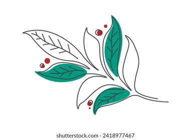 Zweig mit Beeren in einer durchgehenden Linie. Pflanzen in minimalistischem Stil. Eine Zeile auf weißem Hintergrund. Bearbeitbarer Strich. Farbige flache Vektorgrafik.