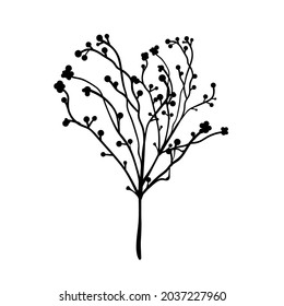Branch with berries. Vector illustration. Plant detail. Black silhouette on white background. Botanical design element.