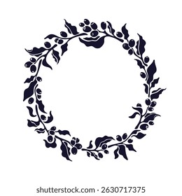 Branch, berry circle emblem. Vector graphic leaves frame. Arabica, rabusta coffee plant. Art form illustration for cafe shop, farm symbol on transparent background