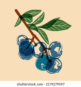 Branch with bilberries. Vector illustration with Riso print effect