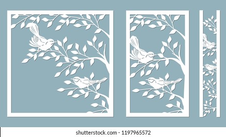 branch birches. Linden. Bird on the cherry branch. Graphic vector decorative elements. Template suitable for laser cutting. Template for plotter and screen printing. serigraphy.