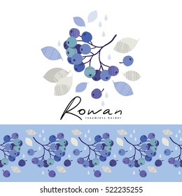 Branch of black rowan and seamless floral border. Hand drawn texture