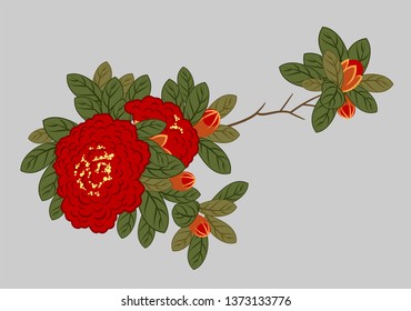 A branch of blooming red roses