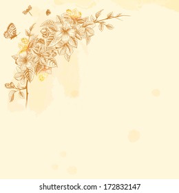 Branch blossoming apple. Brown design element on a beige background. Vintage Victorian spring card. Vector illustration.