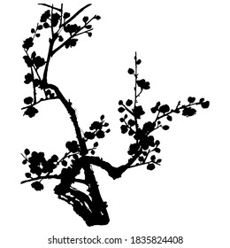 Una rama de un árbol frutal floreciente. Silueta vectorial dibujada a mano de ciruela, albaricoques salvajes y sakura. 
Ilustración bursátil de la rama de árbol blanco y negro.