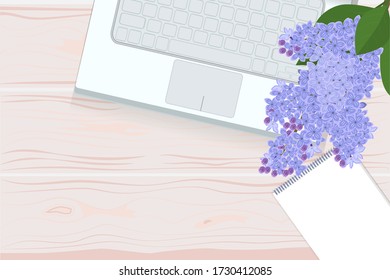 Branch of a blossoming lilac, laptop and notebook on a wooden table, top view. Vector illustration with place for text, copyspace