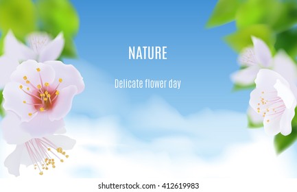  A branch of a blossoming tree. Blue sky with clouds.  Text. Vector realistic. 