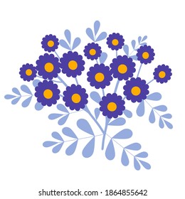 Branch of blue flower isolate on white background. Floral element. Flat design. Botanical illustration.