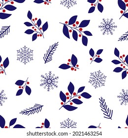 Branch with blue leaves and red berries, fir, snowflakes on a white background. Seamless winter Christmas pattern. Suitable for packaging, textile, wallpaper.