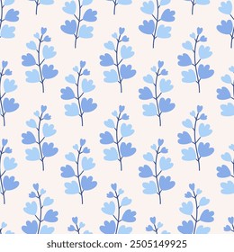 Branch with blue leaves, seamless pattern on beige background. Meadow and field plants. Floral summer vector illustration. Spring botanical print, modern style design