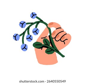 Branch of bluebell in human hand. Person holds twig of wildflower, blooming meadow plant. Floral gift, cut sprig of blue flower, delphinium. Flat isolated vector illustration on white background