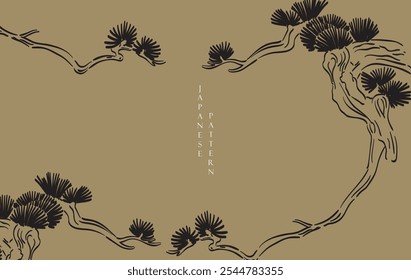 Branch of bonsai tree on brown background in Japanese style. Hand drawn line tree.