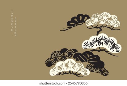 Plano de fundo japonês com vetor de ícone tradicional asiático. Elementos de bonsai ou pinheiro preto e branco. Arte natural com fundo marrom em estilo vintage.